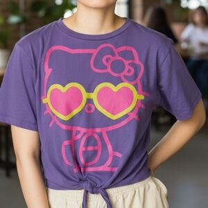 Sanrio Y2k Purple Hello Kitty Women's Crop T Shirt Tie‎ Front Size L